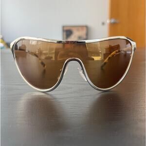 Designer Prada Mask Sunglasses Unisex SPR 72V Gold Frame Brown Lens w/Black Case